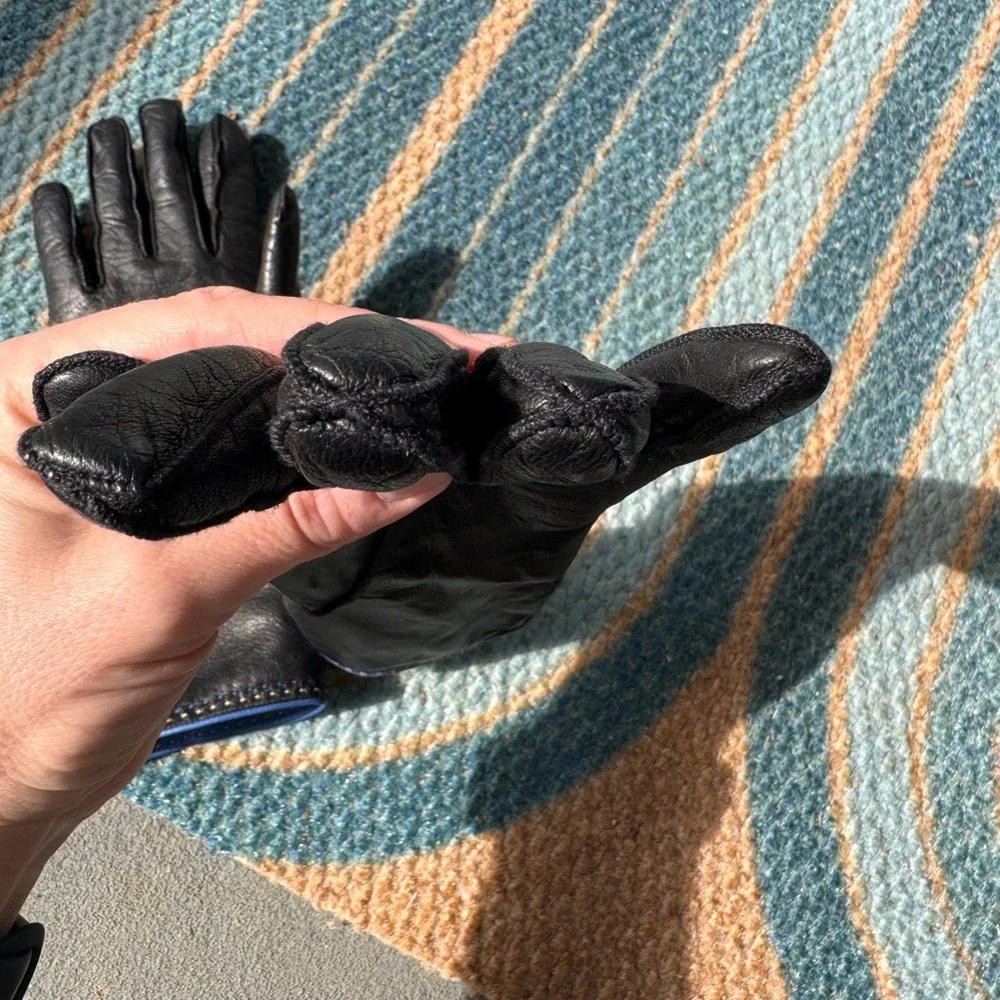 Coach Black Leather Gloves with Cashmere Lining & Blue Trim size 7.5